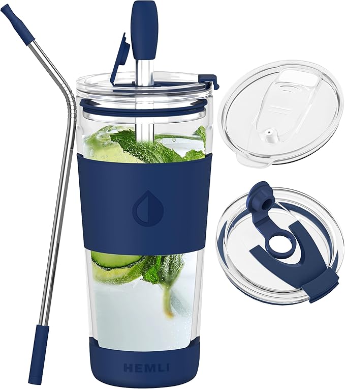 19 oz. Double Wall Glass Coffee Tumbler, To Go Travel Mug with Lid, Portable Glass Thermos with Straw, Reusable Cup, Tea, Smoothies, Ice Coffee, and Boba