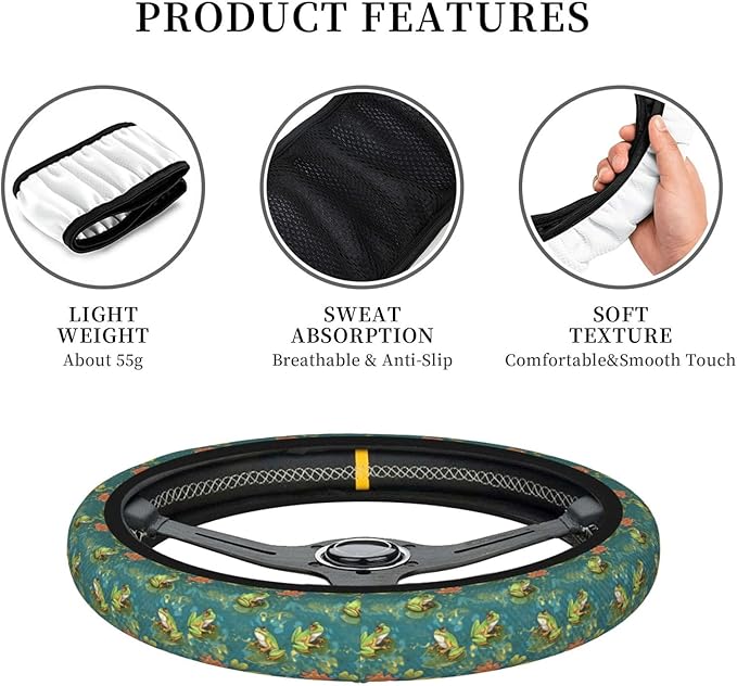 Frog On Lotus Leaf Steering Wheel Cover for Women Men Girls, Car Accessories Decor Thickened Anti-Slip Auto Steering Wheel Covers Protector Universal Fit 15 Inch for Cars, Truck, SUV