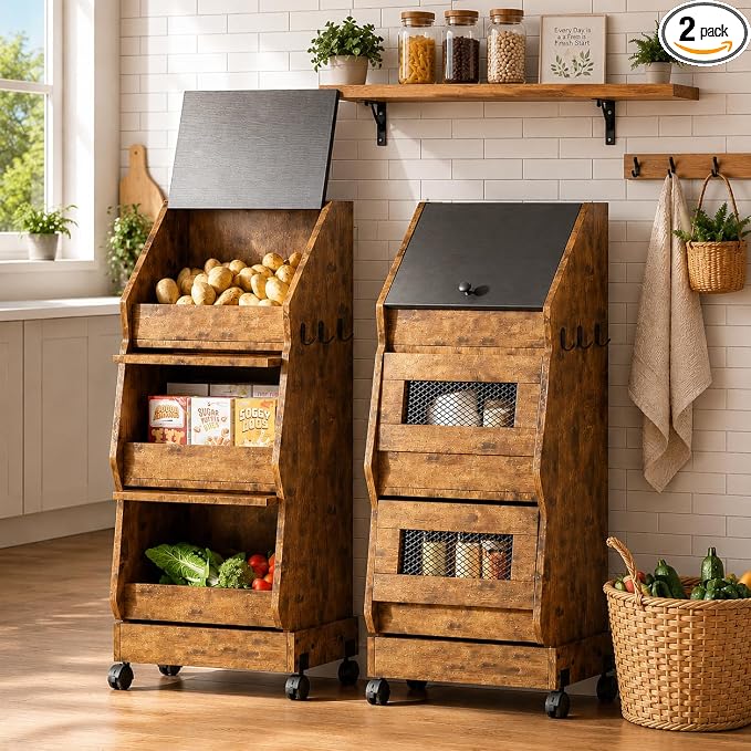 Potato and Onion Bin with Lid Movable Bread Box, Potato and Onion Storage with Wheels Black Movable, Vegetable Cabinet with 3 Tier Storage, Grocery Section Bread Box Set of 2