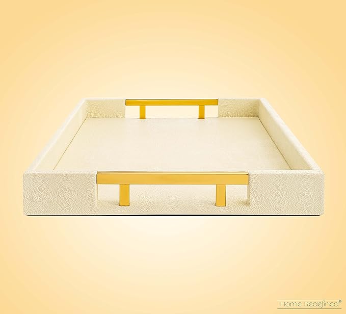 Modern Elegant 17.5”x12” Rectangle Cream Rectangle Shagreen Faux Leather Decorative Tray Ottoman Tray Coffee Table Perfume Living Room Kitchen Serving Tray with Gold Polished Metal Handles.