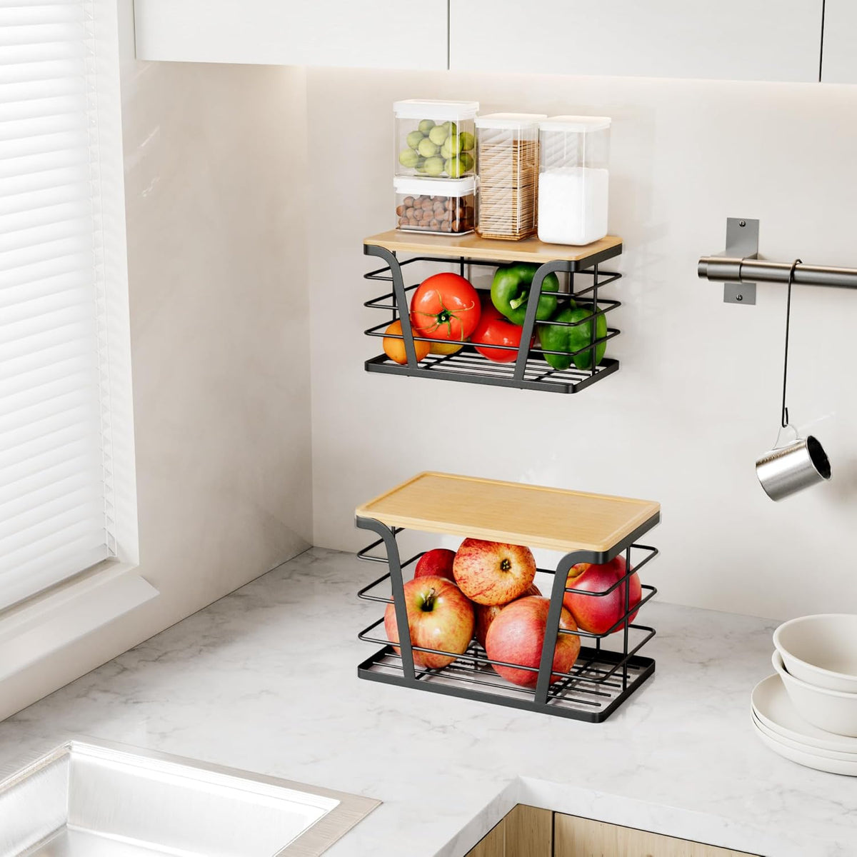 2 Pack Stackable Storage Laundry Kitchen Organizers, Wall Mount Trash Bag Holder with Bamboo Top and Garbage Bag Dispenser No Drill