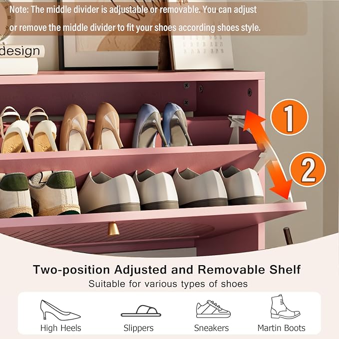 Fsbecl Shoe Storage Cabinet for Entryway with 2 Flip Drawers, Narrow Wood Shoe Cabinet with Fluted Panel, Freestanding Hidden Shoe Organizer for Foyer, Hallway (Pink - with Shelf)