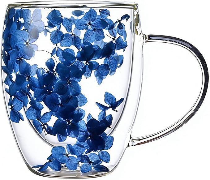 Double Wall Glass Coffee Mugs, 12 oz Clear Floral Insulated Glass Cups with Handle, Hand Blown Borosilicate Coffee Mug for Espresso, Cappuccino, Latte, Tea & Hot Beverages (Blue)