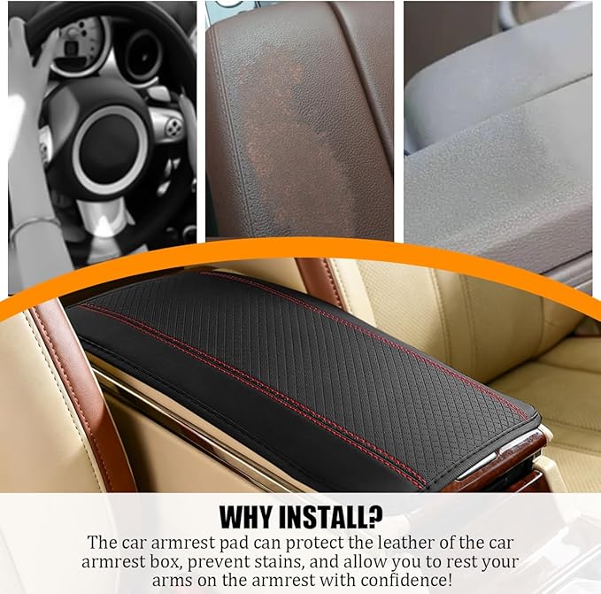 Car Center Console Cover, PU Leather Vehicle Armrest Seat Box Cover Protector, Comfortable Automotive Interior Arm Rest Cushion Pad Accessories, Universal for SUV Sedan Truck (Black/Red)