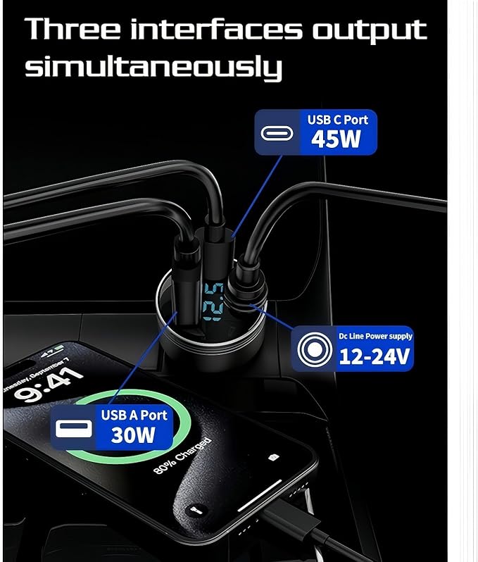 3 in 1 Starlink Mini Accessory 12v Car Cigarette Lighter Adapter Charger,with Digital Display,Compatible with Starlink Mini DC Power Cable UBS-A USB-C for All Car Models
