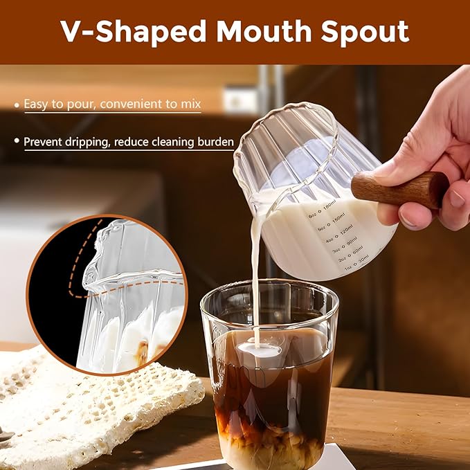 YARRAMATE 2 Pack 6 oz/180ML Glass Measuring Cup with Wooden Handle – Espresso Shot Cups, Ribbed Milk Frothing Pitcher, Dual Scale Markings, V-Shaped Mouth for Easy Pouring, Dishwasher Safe