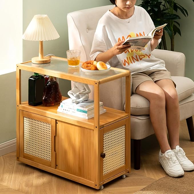 Side Table Glass Top Movable End Table Coffee Station Table, MDF Coffee Bar Stand Cart with Storage Coffee Table on Wheels,for Home Kitchen, Entryway, Living Room,Dining Room(Brown)