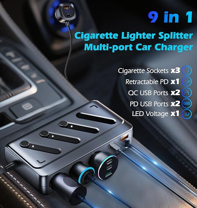 LIHAN Cigarette Lighter Splitter Adapter, 3 Sockets & 5 USB Ports (3 Type-C+2 QC), Retractable 45W PD Cable, 12V/24V Car Charger with LED Voltage Monitor for Vehicle/RV/SUV/Truck