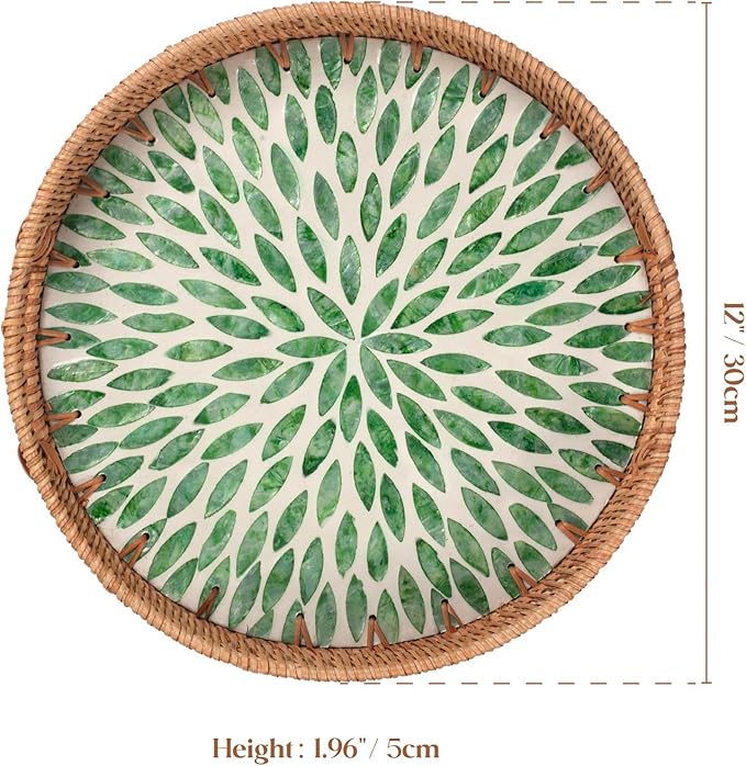 YANGQIHOME Round Rattan Tray with Handle, Mother of Pearl Inlay Decorative Wicker Basket for Coffee, Bread, Fruits, Serving Tray for Home Decor, 11.8 inch