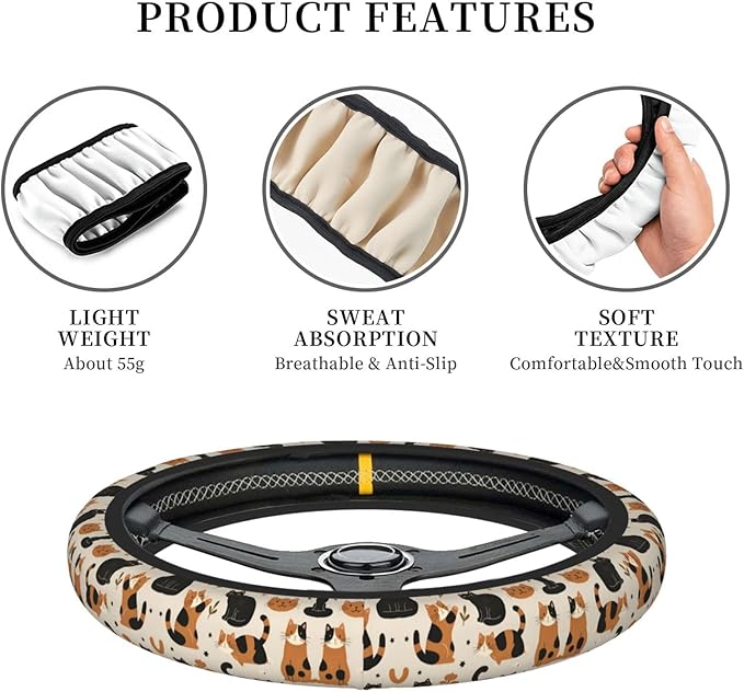 Neoprene Steering Wheel Cover Cute Cartoon Cats Pattern Car Steering Wheel Cover Universal Fit for Most Cars