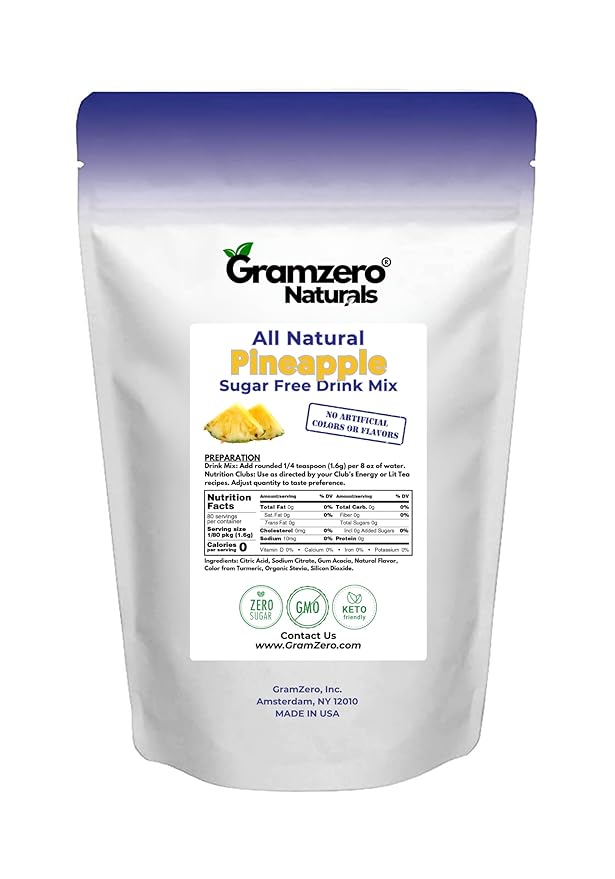 GramZero All Natural Pineapple Zero Calorie Sugar Free Drink Mix, Great For Nutrition Club Loaded Tea, Stevia Sweetened