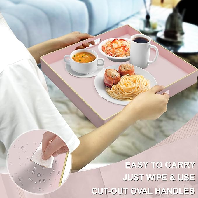 MAONAME Decorative Tray, Pink Serving Tray with Handles, Coffee Table Trays, Square Plastic Trays for Ottoman, Bathroom, Kitchen, 13" x 13" x 1.57"