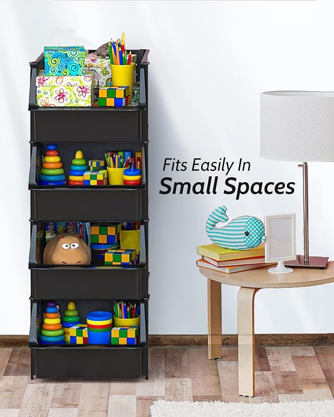 Skywin Stackable Storage Bins Open Front for Pantry Storage, 4 Pack - Black | Sturdy Plastic, Easy Stacking, Open Front Access, Ventilated Sides, Vertical & Space Saving Pantry Organizers and Storage Bin