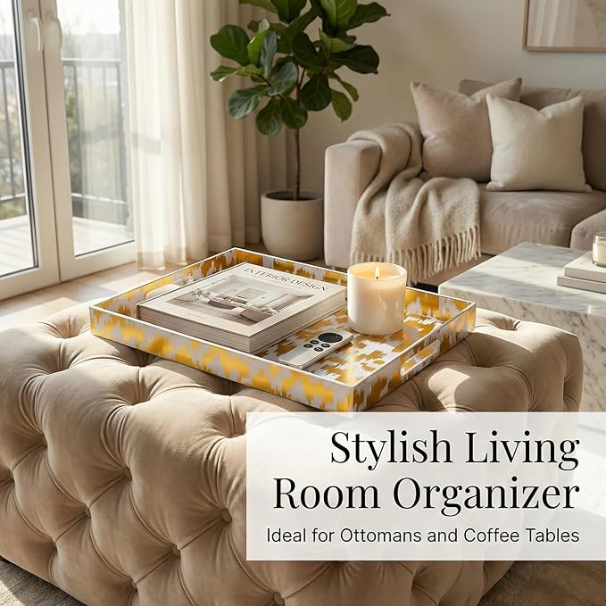 Zosenley Decorative Serving Tray with Handles - 16" x 12" Large Rectangle Coffee Table Decor - Modern Gold Aesthetic Vanity Tray for Ottoman, Bedroom & Bathroom