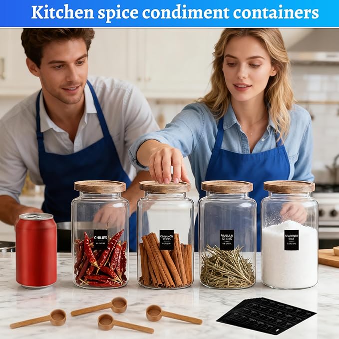 Glass Storage Jar with Lids Spoon Labels Round Glass Coffee Canister Borosilicate Glass Food Containers for Ground Spice Cookies Pasta Sugar Tea (2800ml/94oz-2 pack-with spoon)