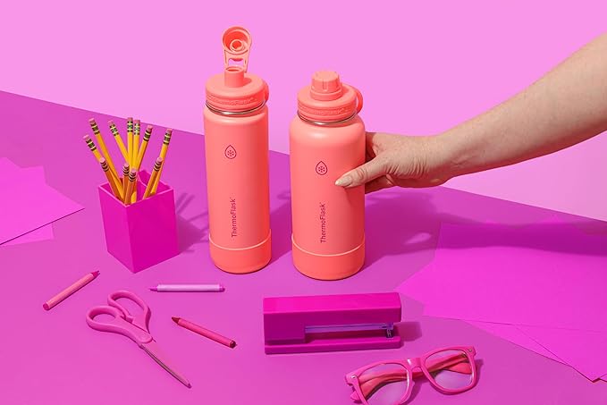 ThermoFlask 24 oz Double Wall Vacuum Insulated Stainless Steel Water Bottle with Spout Lid, Sunkissed Coral