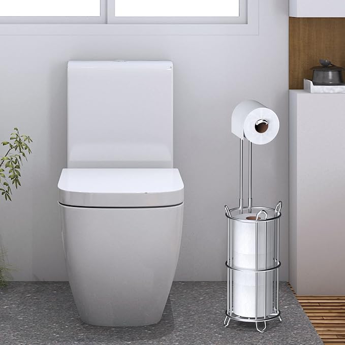 Meangood Toilet Paper Holder Stand and Tissue Paper Roll Dispenser for 4 Mega Rolls, Bathroom Free Standing Tissue Roll Storage Holder Rack, Metal Wire Silver