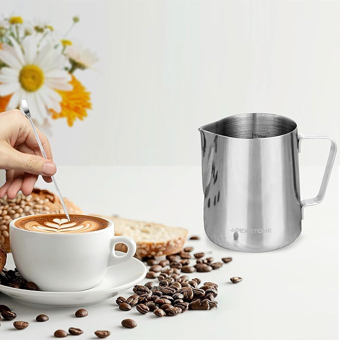 Apexstone 12 oz Espresso Steaming Pitcher Silver, Coffee Milk Frothing Cup Silver, Coffee Steaming Pitcher 12 oz/350 ml