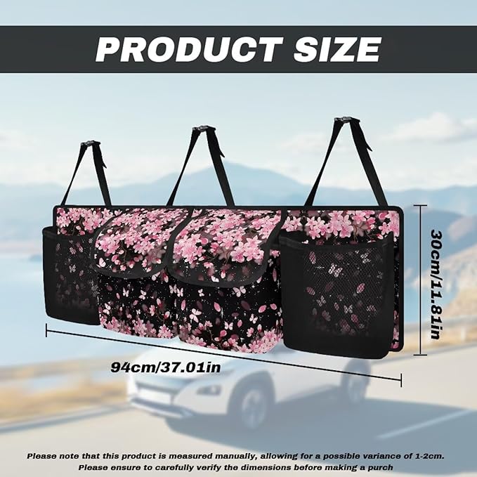 Cherry Blossom Car Trunk Organizer, Oxford Backseat Storage Bag with 4 Pockets, Adjustable Large Capacity Hanging Collapsible Bag for Most Vehicles, Universal Car Accessories
