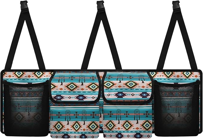 CLOHOMIN Blue Aztec Trunk Organizer for Car Fashion Car Storage Oraganizer Washable Back Seat Hanging Storage with 4 Large Pockets Multi Cargo Storage Bag for SUV Car Sedan