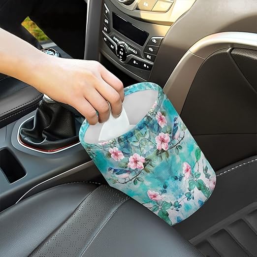 Green Hummingbird Car Trash Bin Garbage Can Leak Proof Waste Basket Container Bag Bin Portable Cup Holder Organizer with Strap Universal Storage Bag Box for Auto, Car, Camping, Travelling