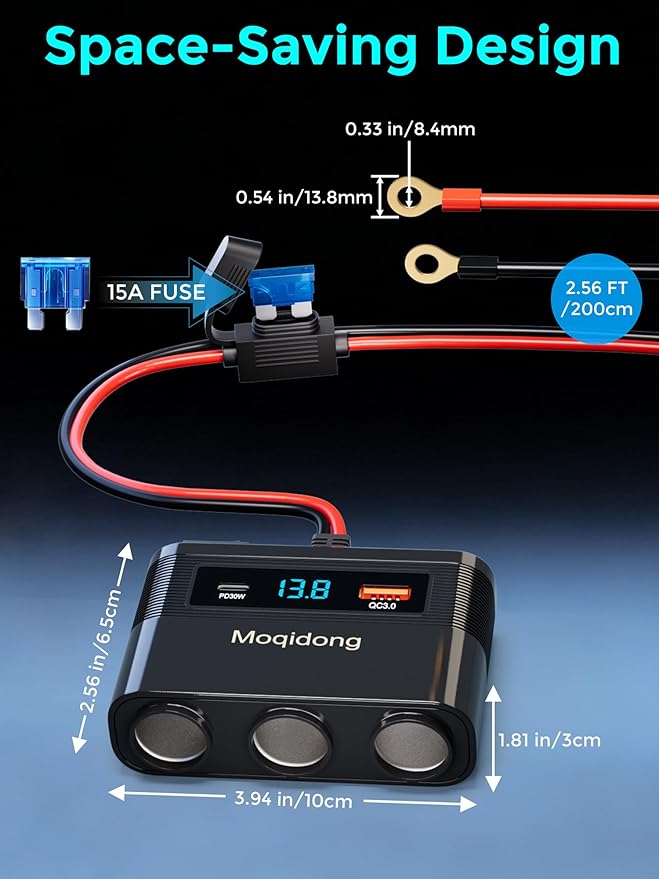 5 in 1 Cigarette Lighter Splitter, 180W Car Charger Adapter with USB PD/QC 30W (6.6FT Cable), 24V/12V Cigarette Socket Eyelet Terminal Battery Power Plug with Main Switch & LED Voltage Display