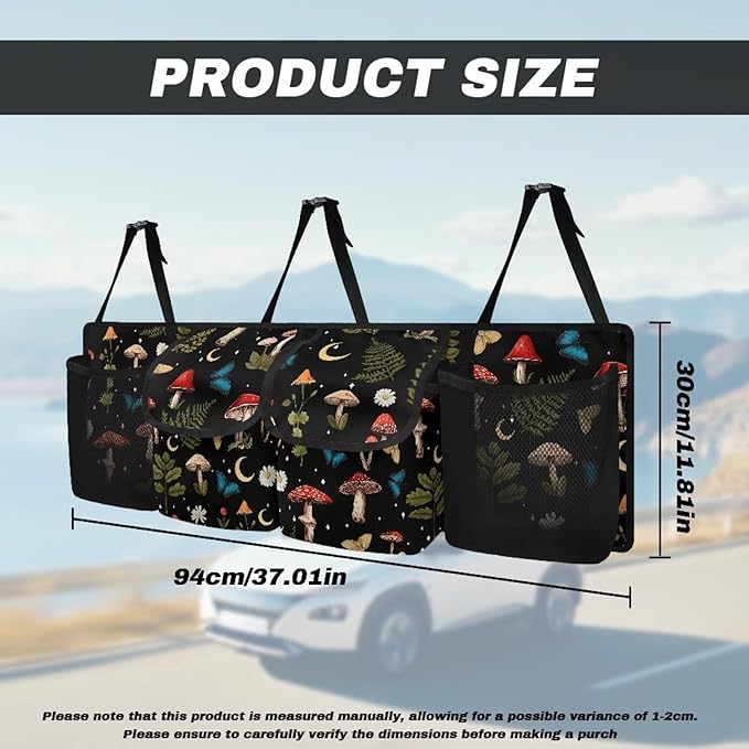 Dreaweet Mushroom Print Trunk Organizer for Car Women,Large Capacity Car Backseat Hanging Organizer for SUV,Van,Car,Cargo Storage Collapsible with 4 Pockets Adjustable Straps