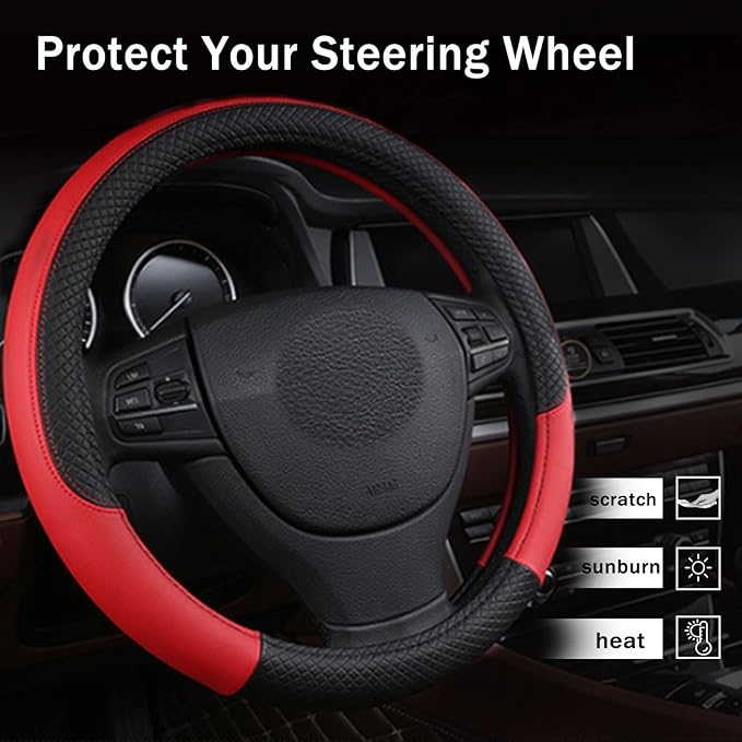 Steering Wheel Cover for Ford Bronco Sport 2024 2023 2022 2021-, Leather Easy Installation Car Interior Accessories Breathable Auto Protector Non Slip Grip,red