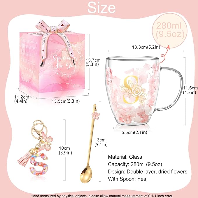 Gifts for Women Double Wall Flower Glass Coffee Mug Initial Glass Cup Personalized Monogrammed Gift Birthday Wedding Christmas Valentine Mother's Day Gift for Wife Friends Birde Stocking stuffers (S)