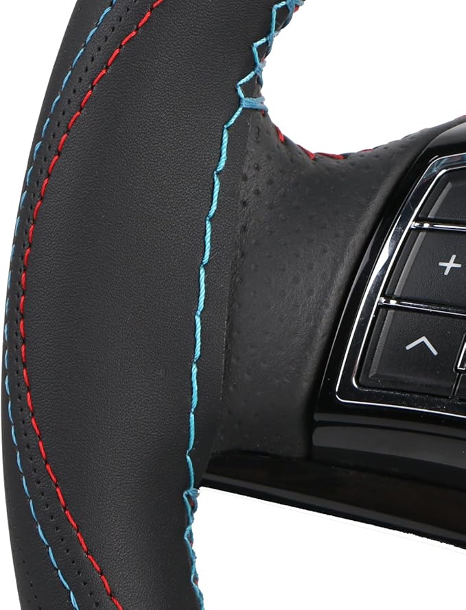 15 Inch Universal Car Steering Wheel Cover Leather (Artificial) Stitch On Wrap with Needle & Thread DIY Red and Blue Splice for BMW Etc