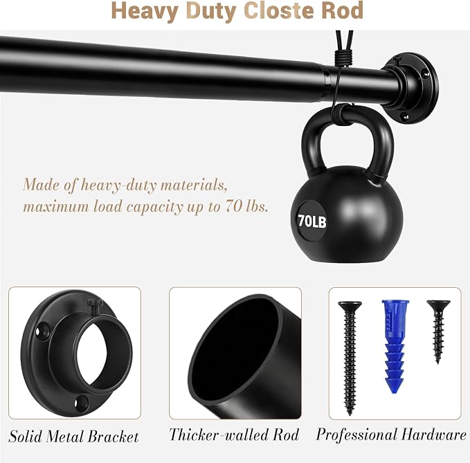 Closet Rod Adjustable 17 to 98 Inch, 1-1/4” Diameter, Closet Rods for Hanging Clothes, Stepless Metal Heavy Duty Hanging Rod for Closet Wardrobes Laundry RV (Black)