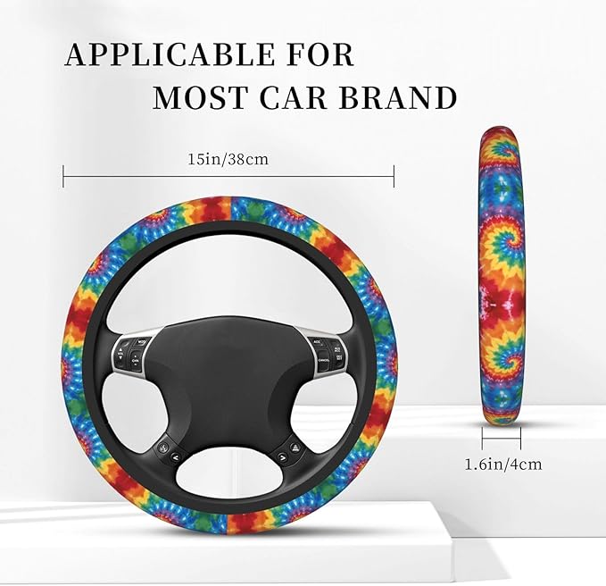 Colorful Tie Dye Car Steering Wheel Cover, 15 Inch Steering Wheel Cover Stylish Decor for Most Cars