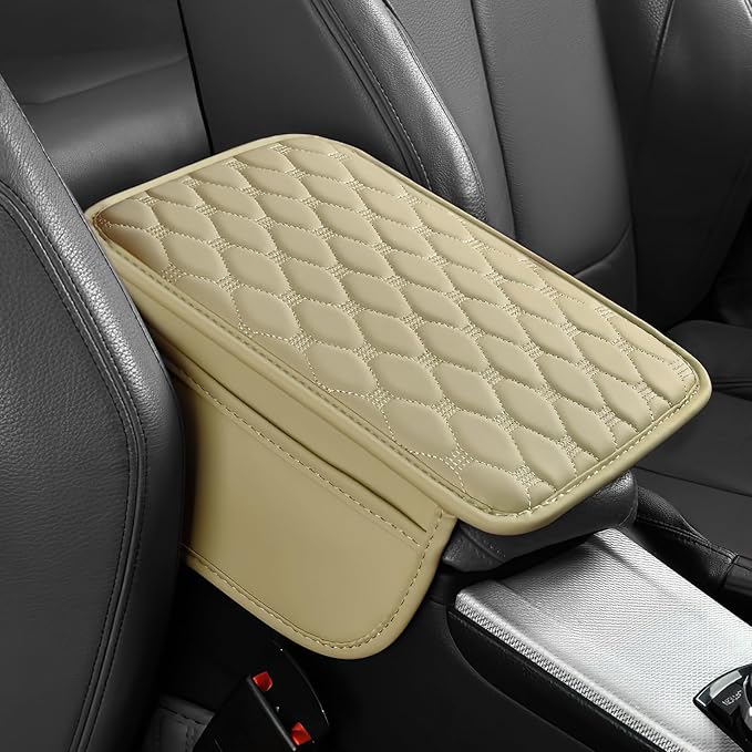 Car Center Console Cover, Leather Auto Armrest Cover Protector, Waterproof Armrest Center Console Pad with 2 Storage Bags, Universal Armrest Seat Box Pad for Vehicle SUV Truck (Beige)