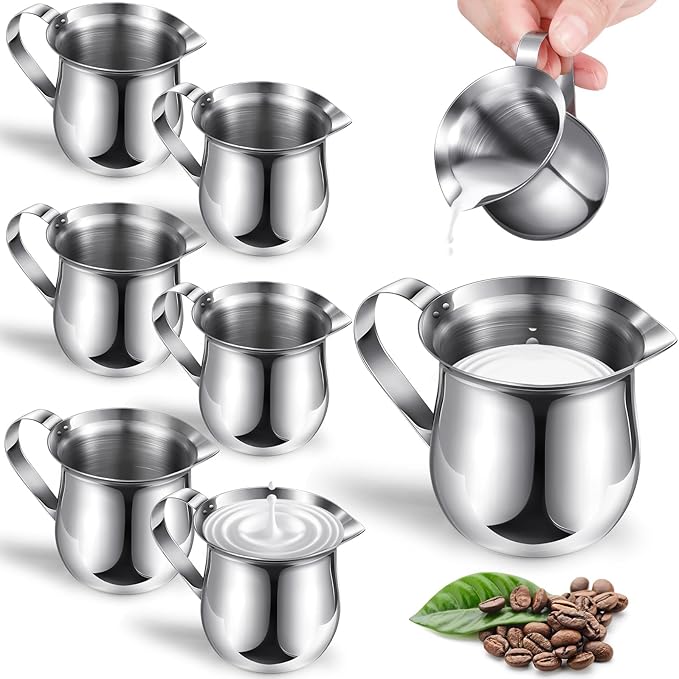 6 Pack Stainless Steel Bell Creamers 3 Ounce Creamer Pitcher Mini Coffee Milk Pitchers with Handle and Pouring Spout Cups for Serving Espresso, Tea, Milk, Maple Syrup, Sauce