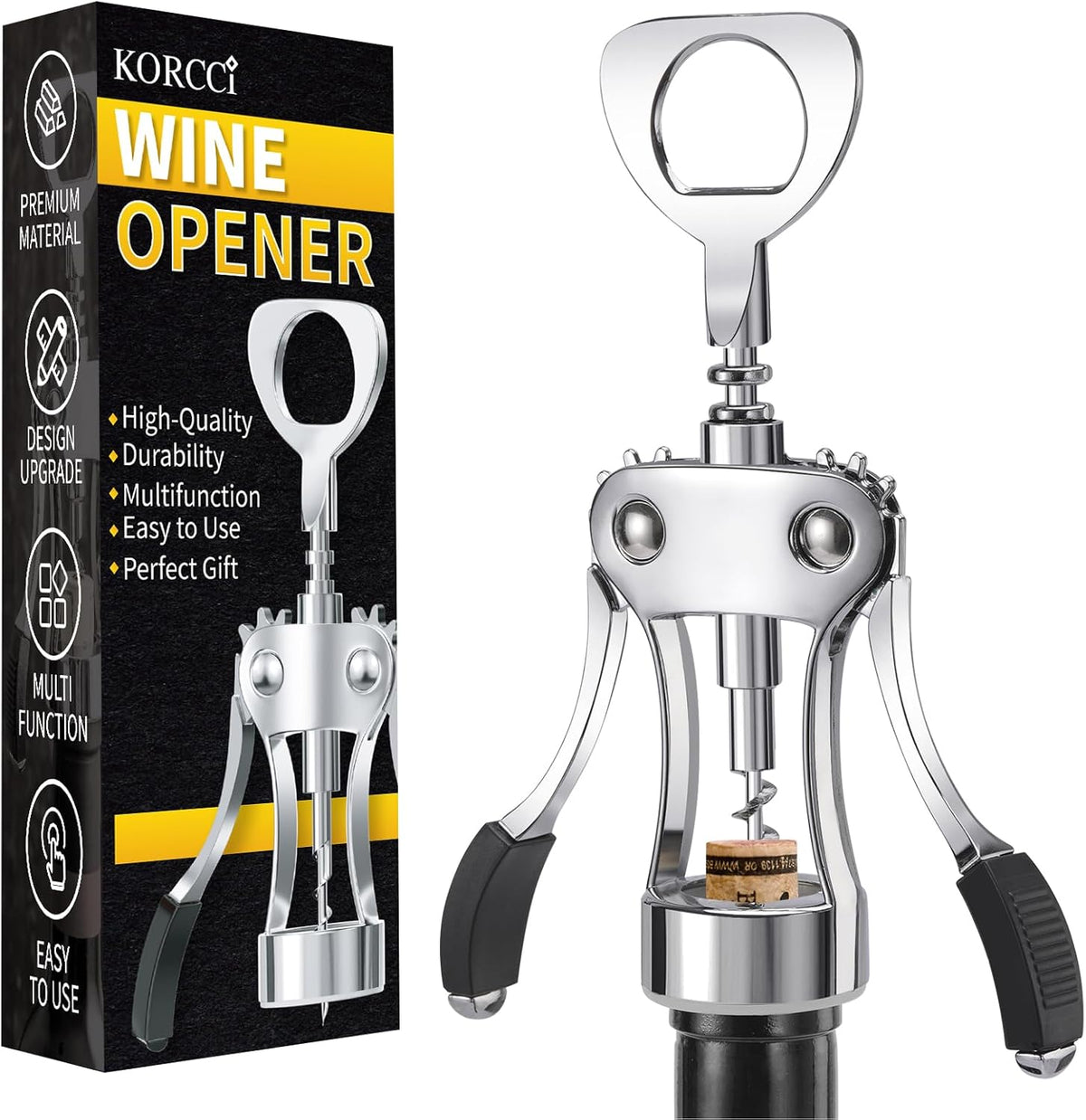 KORCCI Wine Opener, Heavy-Duty Zinc Alloy Wing Corkscrew, Premium Beer Bottle Opener, Multifunctional Wine Accessories with Ergonomic Handle and Sharp Screw, for Kitchen, Bar, Restaurant, Bartenders
