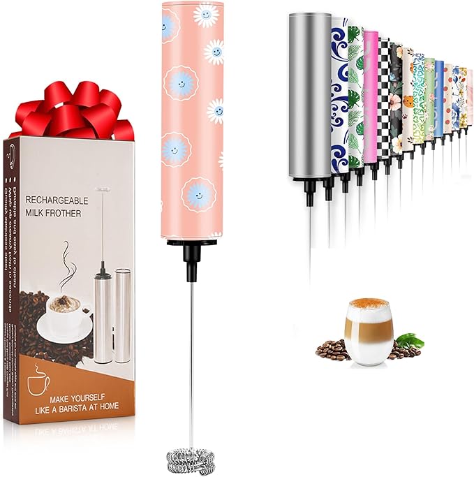 Milk Frother Handheld Rechargeable - 2-Speed Electric Whisk with 5 Detachable Heads (Frother/Mixer/Whisk) for Coffee, Latte, Cappuccino & Matcha, Drink Mixer (Flower 8)