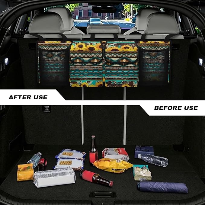 Boho Car Trunk Organizer and Storage, Sunflower Car Accessories for Women Large Capacity Space-Saving Back Seat Car Organizer for SUV/MPV/Truck/Sedan, It Easy to Find Things