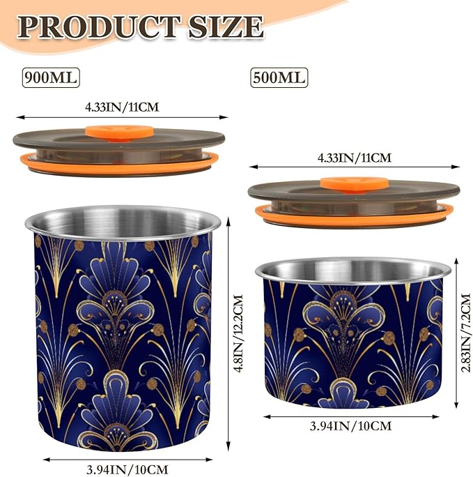 ALAZA Floral Royal Blue & Gold Damask Airtight Coffee Bean Canister Customed 500ml Food Storage Containers with Lids For Gournd, Tea, Sugar, Flour, Rice, Cereal, Candy Cookie Jar