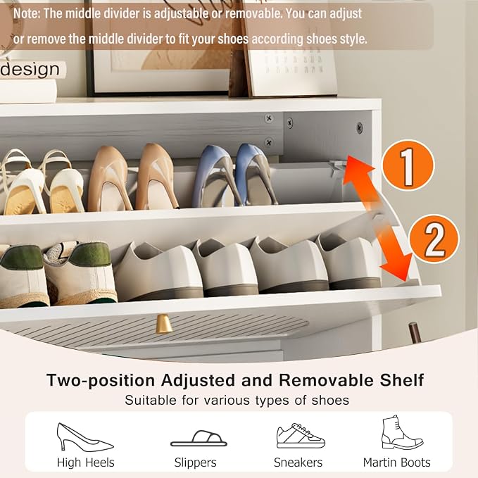 Fsbecl Shoe Storage Cabinet for Entryway with 2 Flip Drawers, Narrow Wood Shoe Cabinet with Fluted Panel, Freestanding Hidden Shoe Organizer for Foyer, Hallway (White - with Shelf)