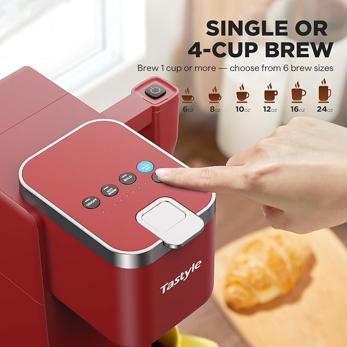 Single Serve Coffee Maker with Built-in Detachable Milk Frother, Iced and Hot Coffee Machine for K Cup & Grounds, 40oz Removable Water Reservoir, 6 Cup Sizes, Fits 7.3" Travel Mug, Red