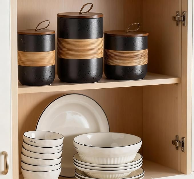 Ceramic Jar with Lid, Coffee Container Kitchen Food Storage Jars for Spice Sugar Tea Bag, Stackable Decorative Jars for Countertop, Black & 18 fl.oz