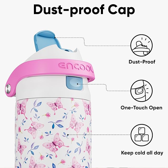ENCOOL Leakproof Insulated Water Bottle with Straw Dual-Sip Water Bottle Bag-Safe Design for Work, Commute & Gym – Keeps Drinks Cold All Day, 24 oz, Blossom Butterfly