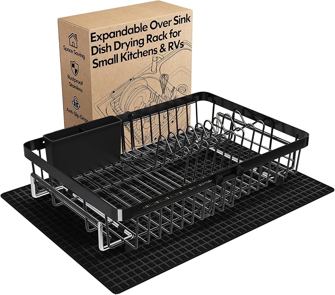 MAJALiS Dish Drying Rack Over The Sink with Utensil Holder, Mat | Expandable Stainless Steel Dish Drainer for Small Kitchen, Apartment, RV, Counter Space Saving, Perfect Fit, Rustproof