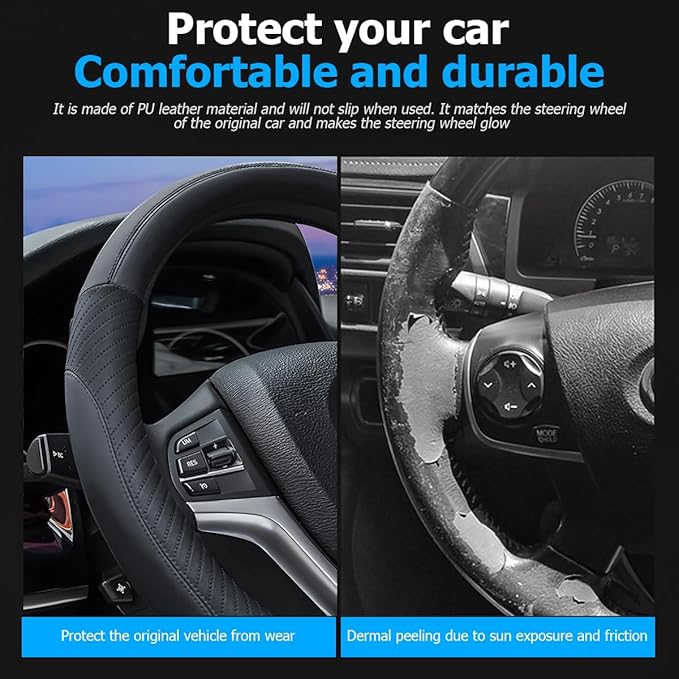 AUCELI Car Steering Wheel Cover, 14 1/2"-15" Leather Non-Slip Breathable Elastic Automotive Steering Wheel Protector, Sporty Car Accessories for Women Men, Universal for SUV, Truck, RV
