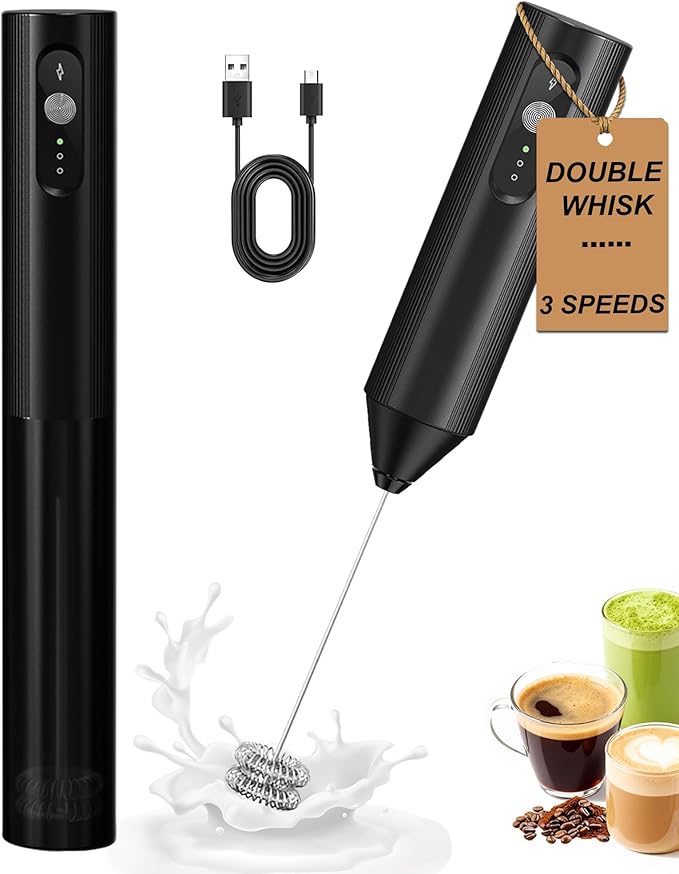 Rechargeable Milk Frother With Cover, Handheld 3-Speed Coffee Frother, Dual Spring Whisk Electric Frother Wand For Coffee, Latte, Cappuccino, Frappe Drink, Hot Chocolate, Black