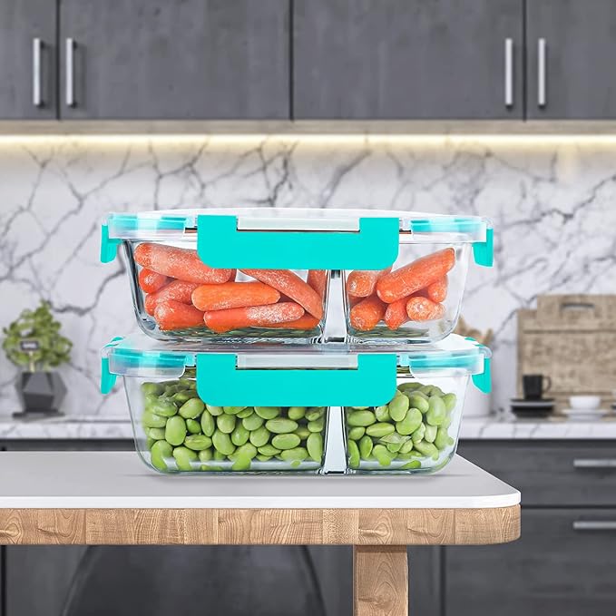 KOMUEE 10 Packs 30oz Glass Meal Prep Containers 2 Compartments,Glass Food Storage Containers with Lids,Airtight Glass Lunch Bento Boxes,Oven,Freezer and Dishwasher Safe, Green