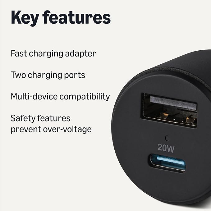 Amazon Basics Fast-Charging Car Charger, Dual-Port, 1 USBC+1 USB-A, 32W, 2.36" D x 2.36" W x 4.72" H, Black