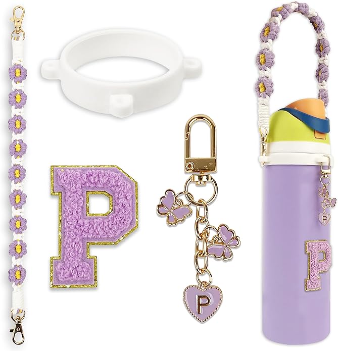 Compatible with Owala Water Bottle Accessories, Cute Letter Charm Set with Boho Handle Strap, Monogram Sticker, Silicone Ring, Keychain Decoration, for FreeSip 24 32 40oz, Owala Kids, Tumbler Gift