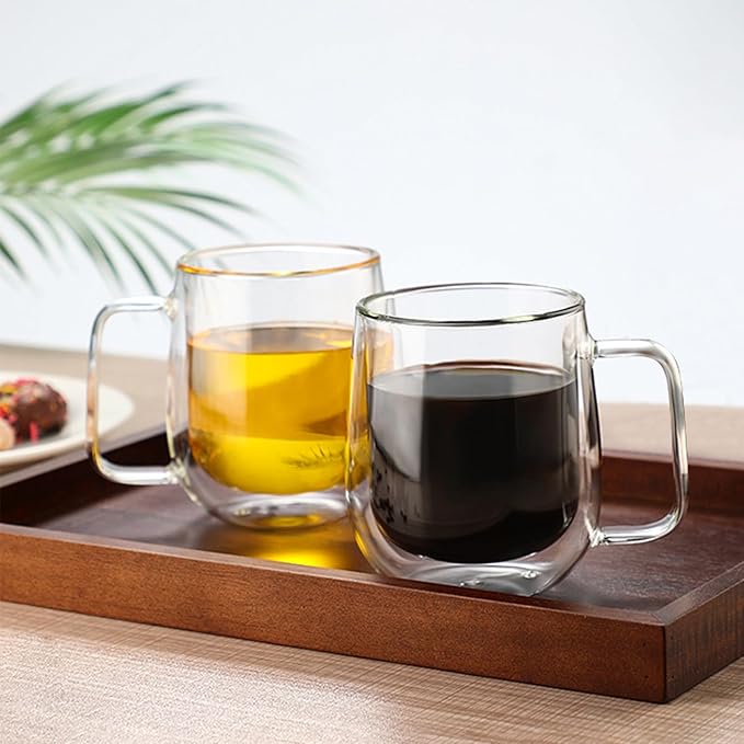 Double Wall Glass Coffee Mugs with handle - 8.45 oz Insulated Clear Coffee Mugs Set of 2, Perfect for Espresso, Cappuccino, Latte, Americano, Tea Bag, Beverage (250ml/8.45,set of 2)