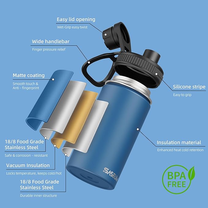 SASEUM Kids Sport Water Bottle 12oz Stainless Steel Double Wall Vacuum Thermal Mug with Leak Proof Spout Lids, Wide Mouth Metal Insulated Water Jug for Gym and Travel（Navy）
